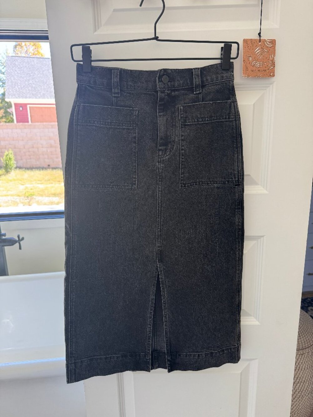 Madewell Stretch Denim Slit Straight Midi Skirt Cadman Black Patch Pocket 23